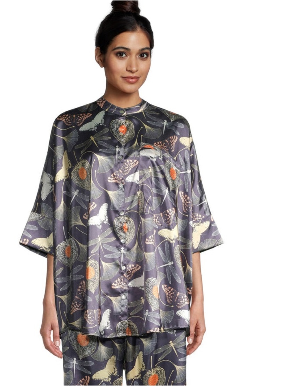 Silk-Inspired Two-Piece Button Set with Butterfly & Floral Print - Black & Coral